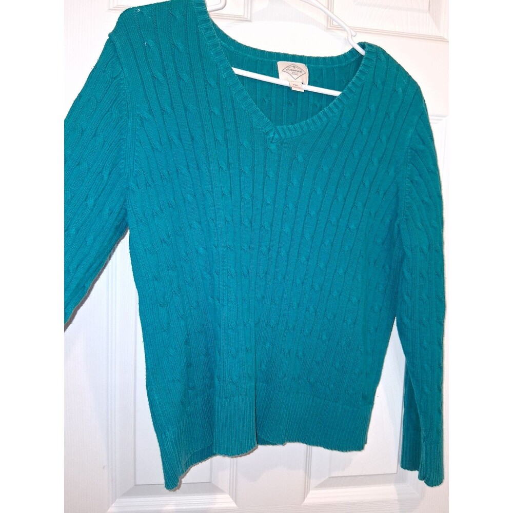 St. John's Bay Teal Cable Knit V-Neck Pullover Long Sleeve Sweater PXL